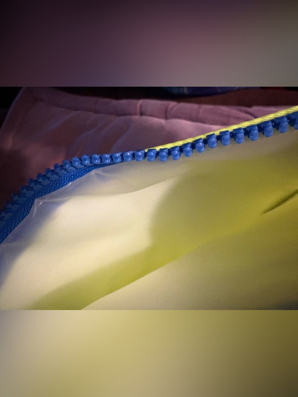 Shiseido make up bag neon yellow with blue zipper . 7” height 10” wide.